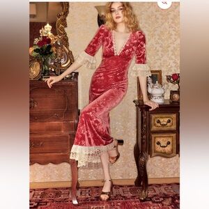 American Heiress Vintage-Inspired Red Velvet Lace Trim Midi Dress